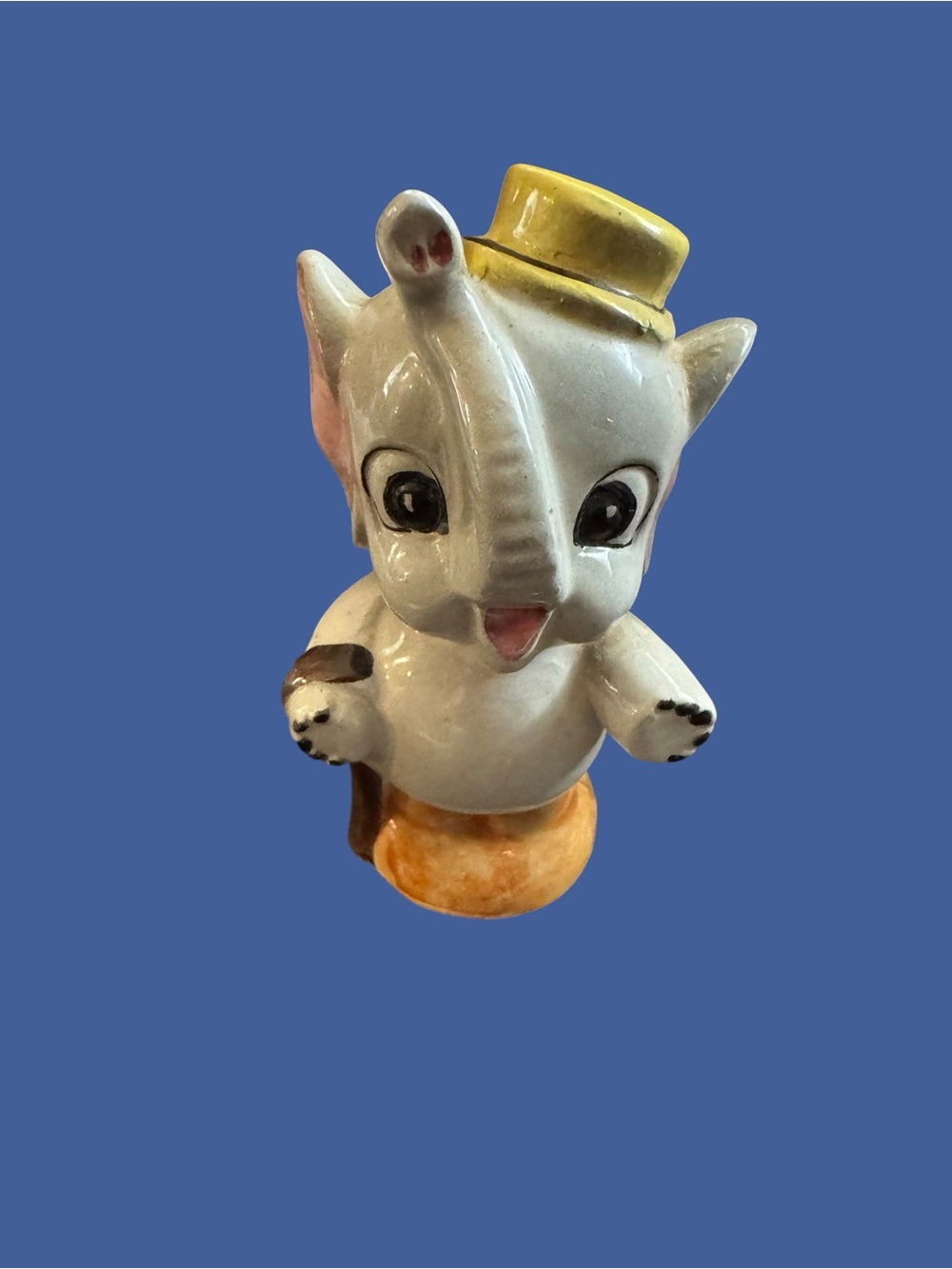 Vintage Japan Ceramic Elephant Figurine Yellow Top Hat Big Eyes Kitsch